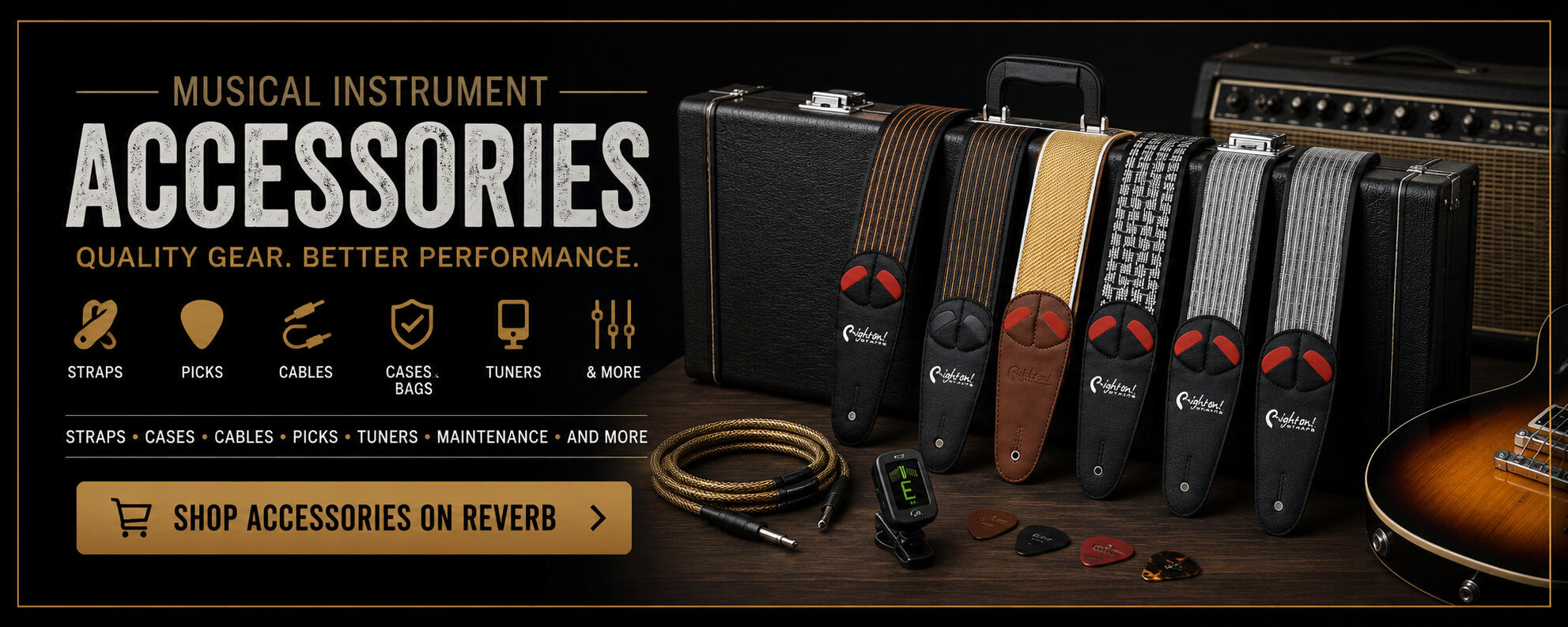 Promotional banner featuring premium Right On! guitar straps. Shop musical instrument accessories including guitar straps, bass straps, strings, pickups, cases, gig bags, cables, tuners, pedalboards, and electronics from trusted brands at Universal Music S